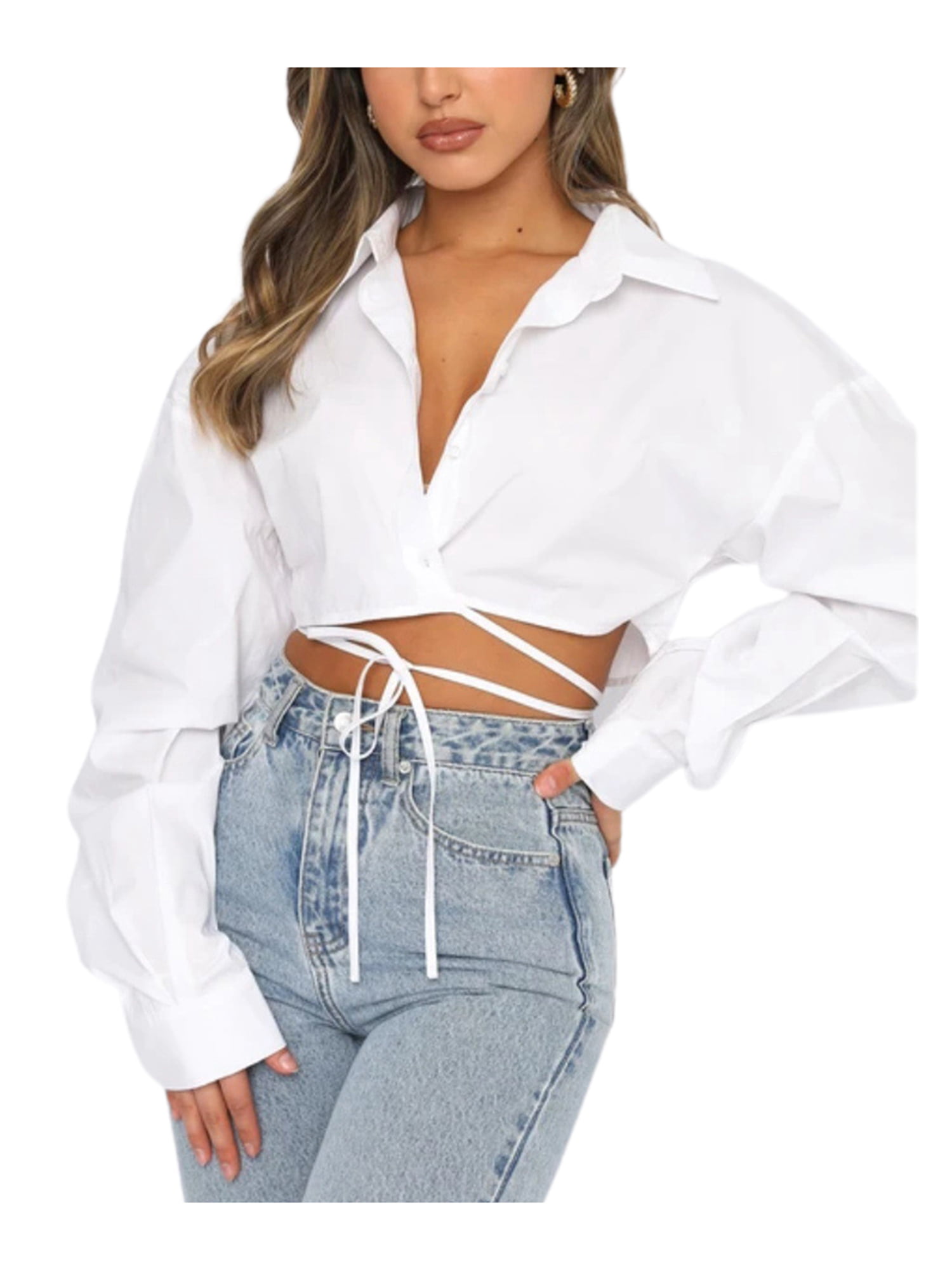 Aunavey Womens Button Down Cropped Shirts Criss Cross Tie Back Long Sleeve  Casual Crop Tops Solid Lapel Blouse