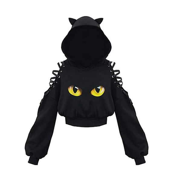 Aunavey Womens Cat Ear Pullover Hoodie Crop Top Gothic Cold Shoulder Lace Up Long Sleeve Sweatshirt