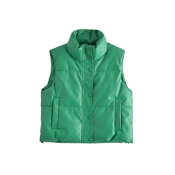 Aunavey Womens Faux Leather Puffer Vest Zip Up Sleeveless Winter Cropped Quilted Lightweight Jacket