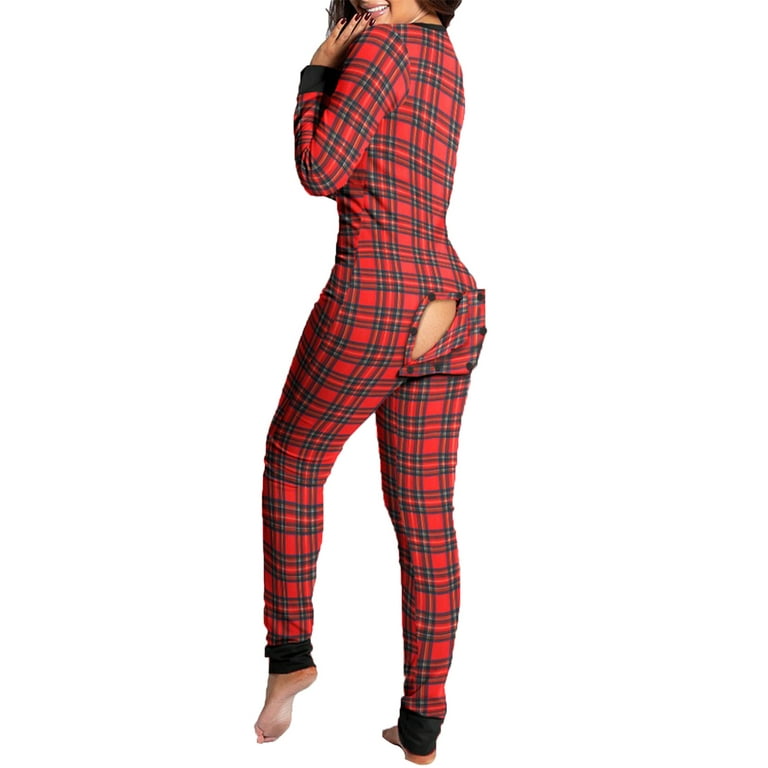Aunavey Womens One Piece Pajamas Bodycon Jumpsuit Union Suit with Button Back Butt Flap Walmart