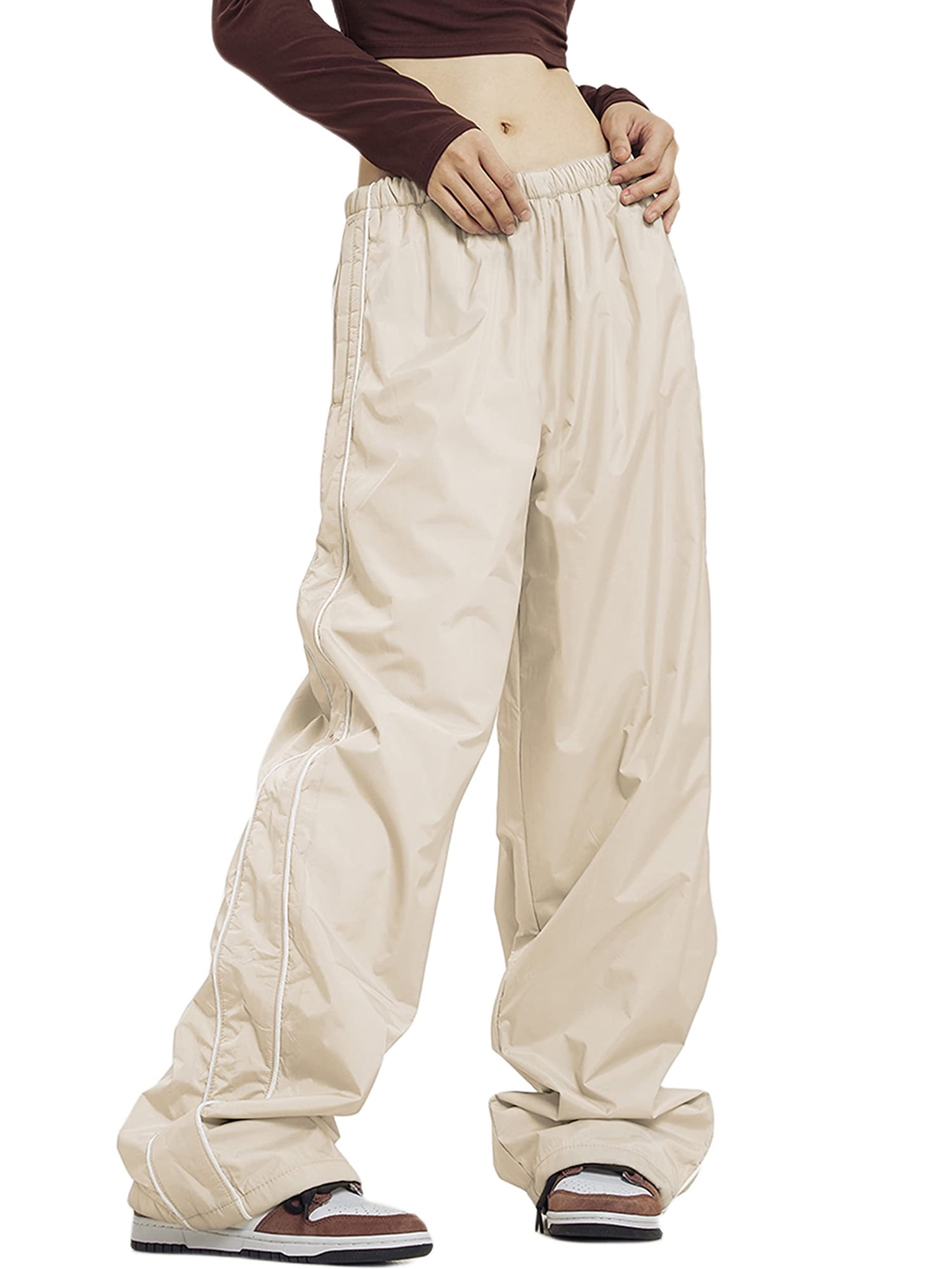 Aunavey Womens Parachute Pants Baggy Cargo Pants Elastic Low Waist Wide Leg  Y2K Track Pant Trousers 