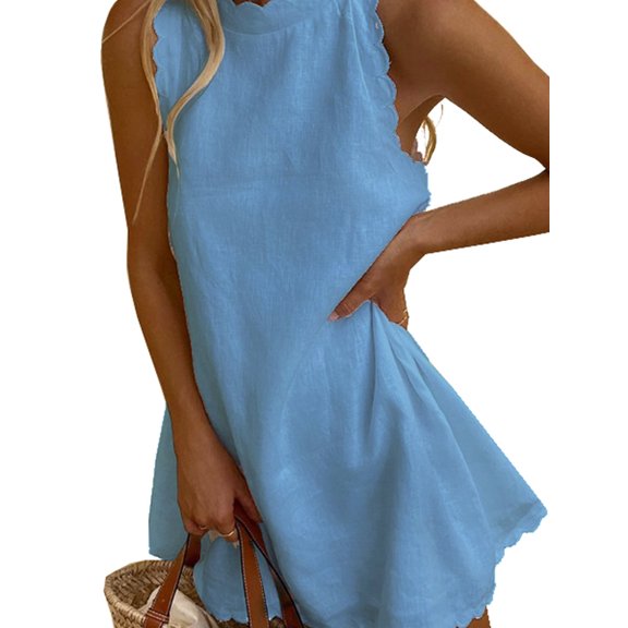 Aunavey Womens Summer Dress Sleeveless Scallop Trim Neck Short Mini Casual Loose Tank Dress A Line Cute Sundress