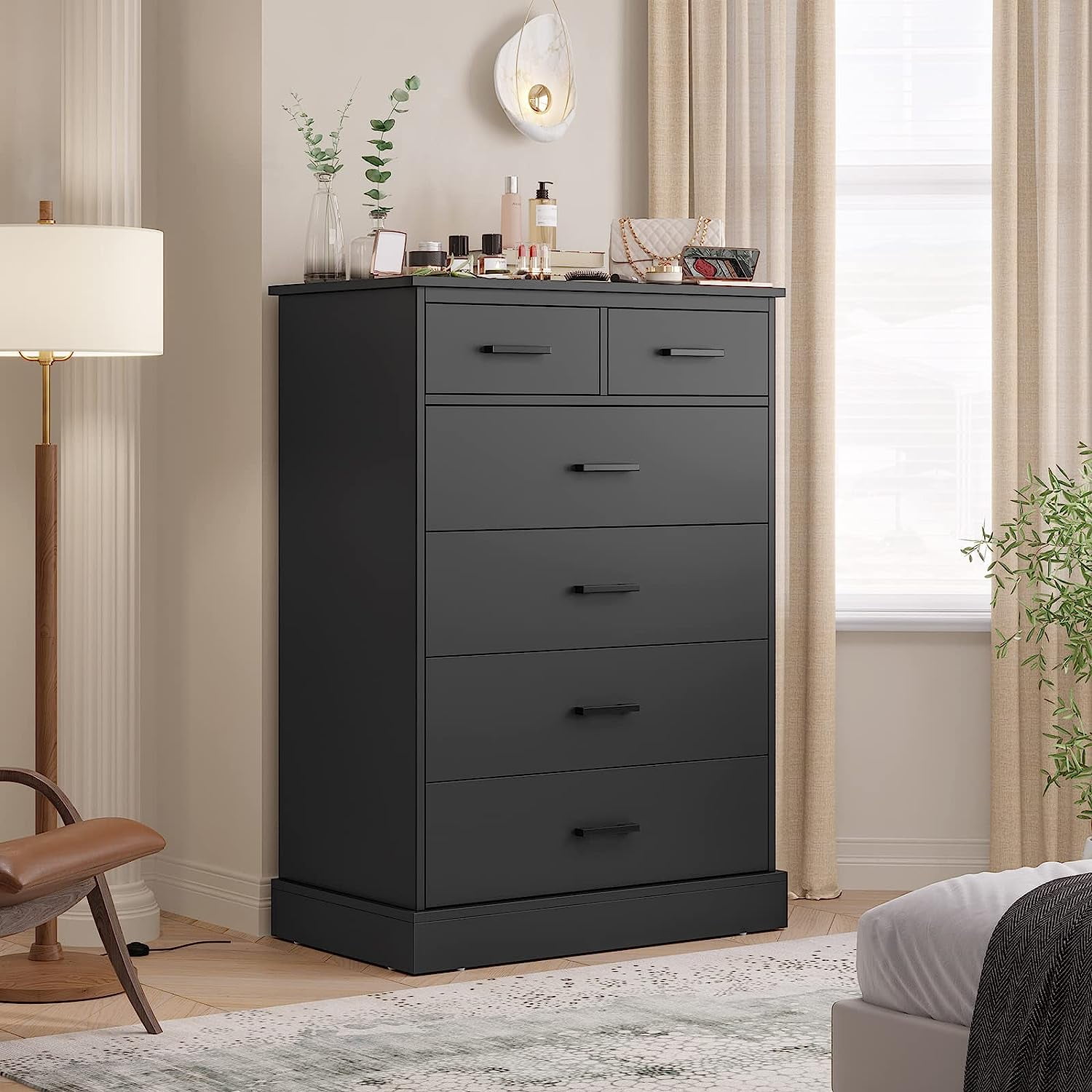 Aunfebrco 6 Drawer Dresser for Bedroom Tall Dresser & Chest of 6 Drawers with Metal Handles, Wood Storage Cabinet Clothes Organizer for Living Room, Black