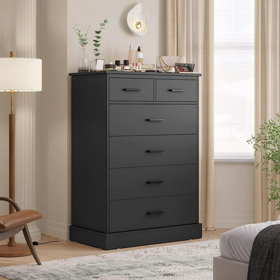 Aunfebrco 6 Drawer Dresser for Bedroom Tall Dresser & Chest of 6 Drawers with Metal Handles, Wood Storage Cabinet Clothes Organizer for Living Room, Black