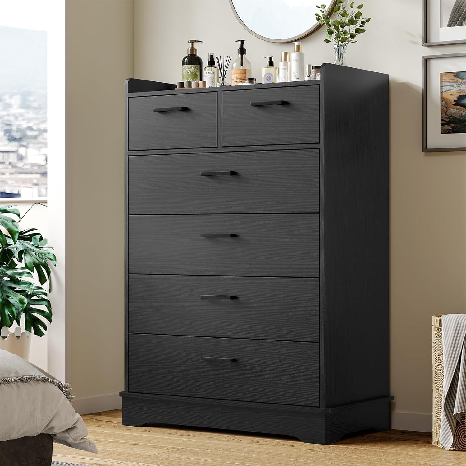 Aunfebrco 6 Drawer Dresser Chest of Drawers Tall Storage Organizer for Bedroom Living Room Hallway, Black