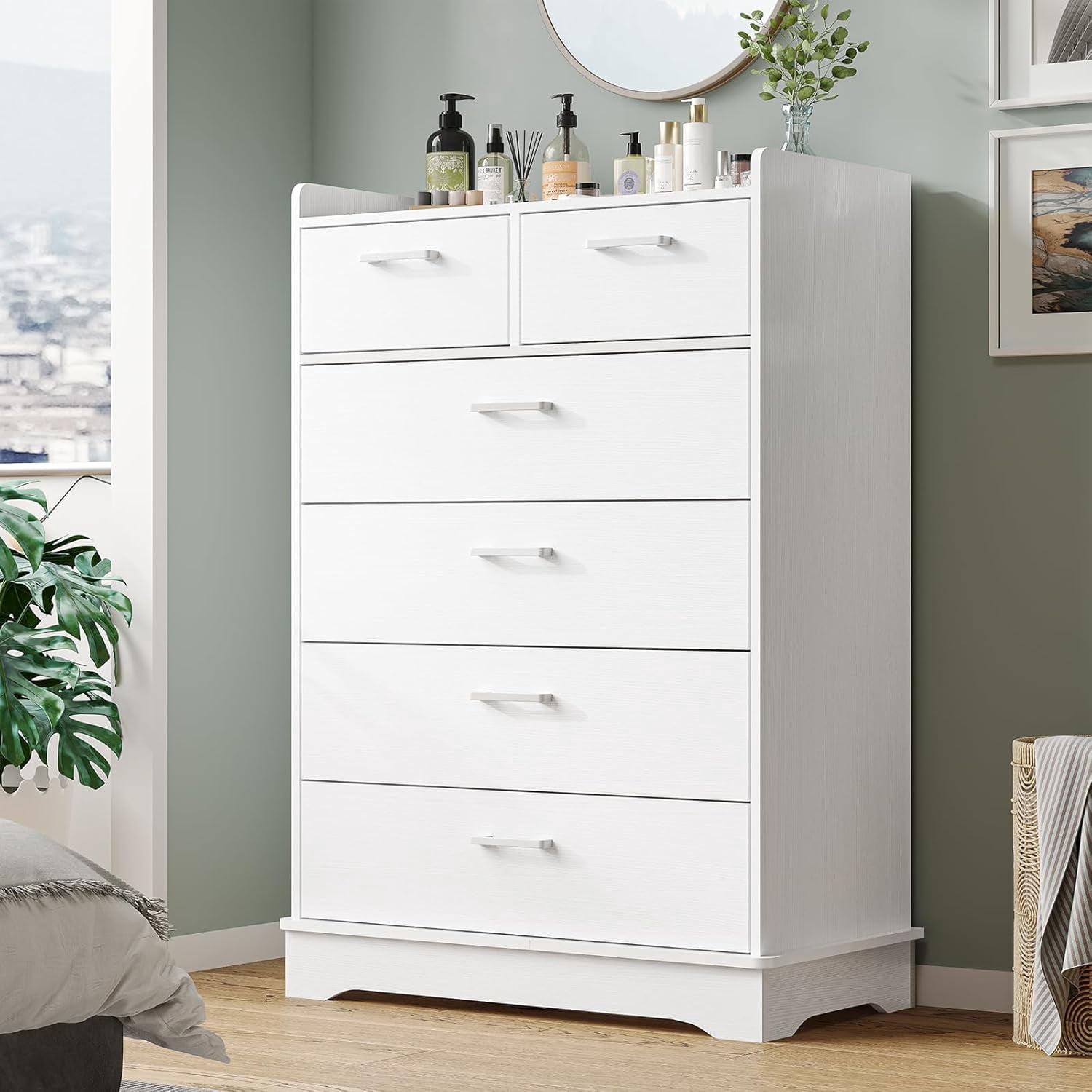 Aunfebrco 6 Drawer Dresser for Bedroom White Chest of Drawers Storage Cabinet for Living Room Hallway Entryway