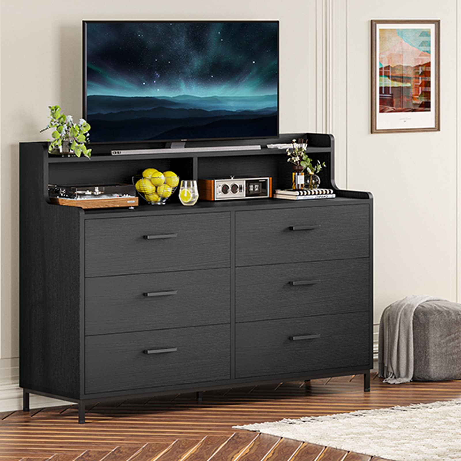 Aunfebrco Black Double Dresser with 6 Drawers, Tall Shelf