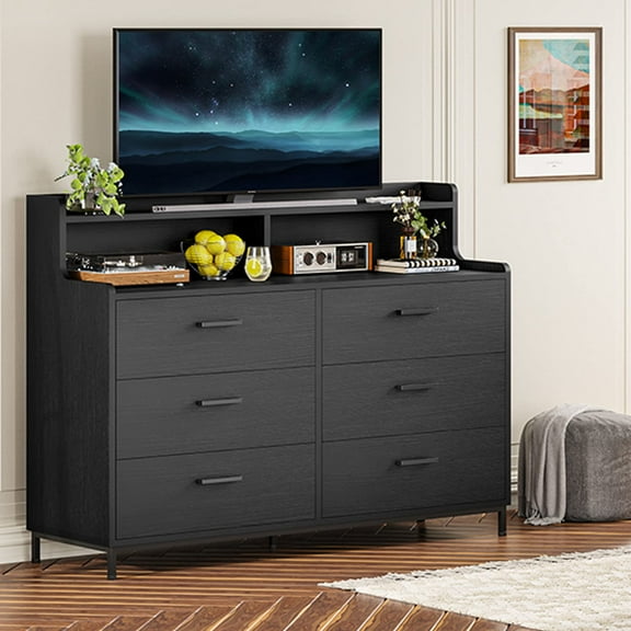 Aunfebrco Black Double Dresser with 6 Drawers for Bedroom, Wide Chest of Drawers Storage Tower with Shelves for Living Room