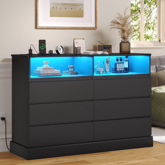 Aunfebrco Black Dresser for Bedroom 51.2" Chest of Drawers with LED Lights and Charging Station, Modern 6 Drawer Dresser or Storage Cabinets for Living Room