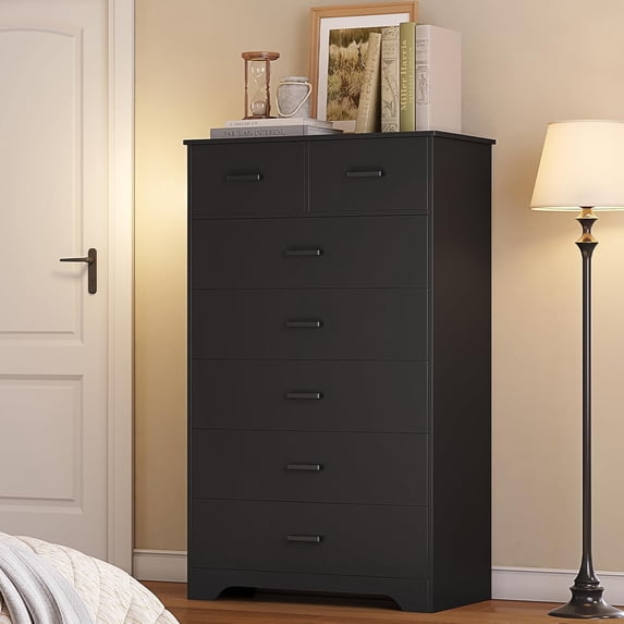 Aunfebrco Black Dresser for Bedroom with 7 Drawers Modern Vertical Chest of Drawers with Metal Handle Tall Storage Dresser Organizer for Living Room