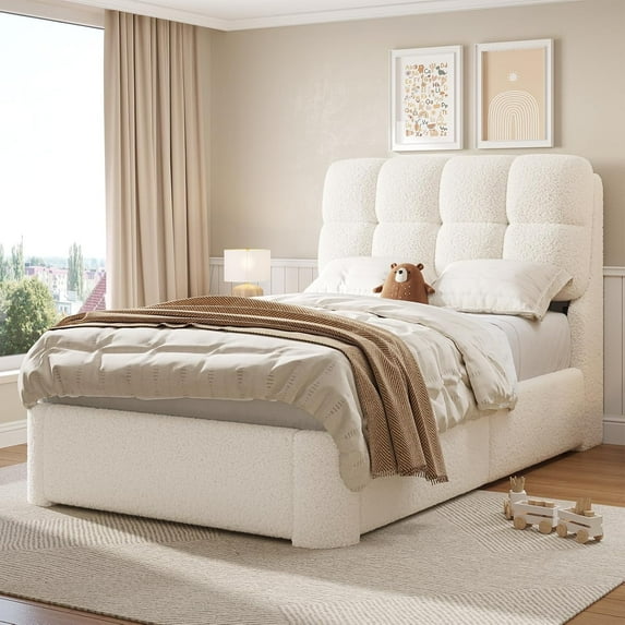 Aunfebrco Boucle Bed Frame Twin Size Upholstered Platform Bed Frame with Button Tufted Headboard, Twin Modern Soft Cloud Beds for Bedroom, No Box Spring Needed, White
