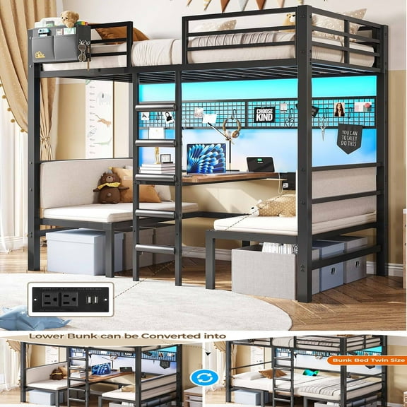 Aunfebrco Bunk Bed Twin Over Twin with Desk & Led Lights & Charging Station, Convertible Metal Bunk Bed with Safety Guard and Stair, Twin Size Loft Bed for Adults, Black