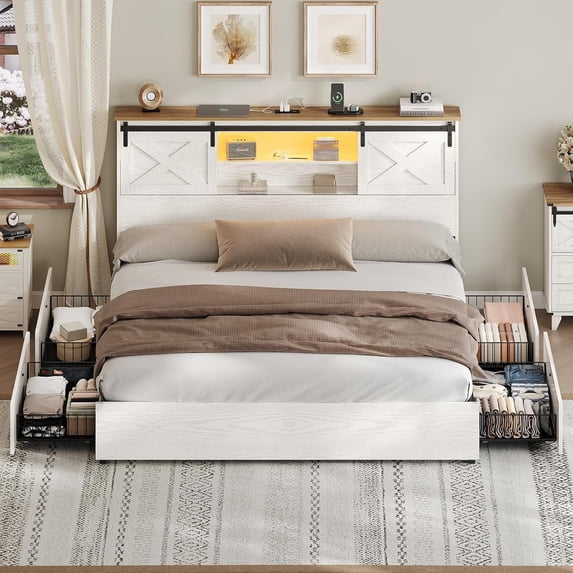 Aunfebrco California King Bed Frame with Storage Drawers&Headboard, Farmhouse Platform Beds with Charging Station and LED Lights, Noise-Free/No Box Spring Needed, White