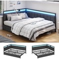 thumbnail image 1 of Aunfebrco Corner Bed Frame with Storage Drawers, Full Daybed with LED Light and Charging Station, Bed Unit with Line Fabric Upholstered Fence, Modern Full Size Bed Frame, Gray, 1 of 9