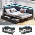 thumbnail image 1 of Aunfebrco Corner Bed Frame with Storage Drawers, Twin XL Daybed with LED Light and Charging Station, Bed Unit with Line Fabric Upholstered Fence, Modern Twin XL Size Bed Frame, Gray, 1 of 9