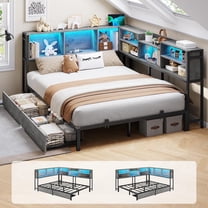 Aunfebrco Corner Full Bed Frame with 2 Drawers & Bookcase Storage, Full Size Daybed with Charging Station and Led Lights, Metal Platform Bed Frame for Living Room Bedroom, Gray