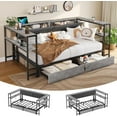 thumbnail image 1 of Aunfebrco Corner Twin Bed Frame with Charging Station, Twin Size Metal Platform Bed Frame with Storage Shelves&2 Drawers, Gray Daybeds for Living Room Bedroom, 1 of 9