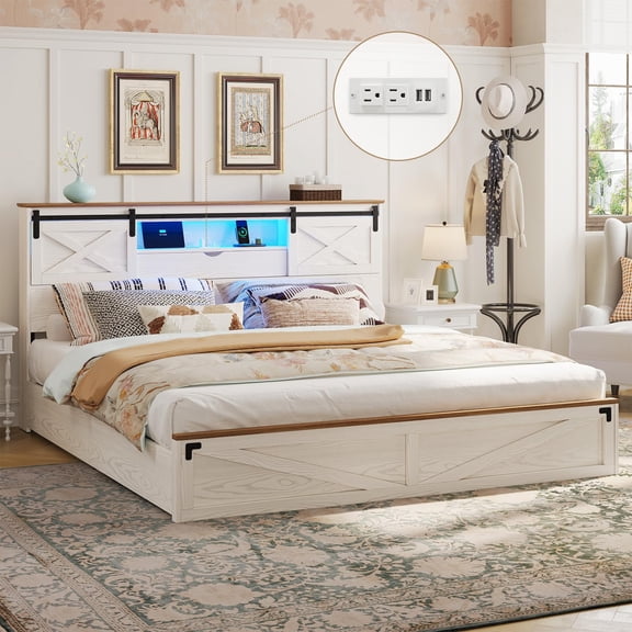 Aunfebrco Farmhouse Bed Frame with 2 Drawers King Size Upholstered Platform Bed with LED Lights & Charging Station & Bookcase Headboard, No Box Spring Needed, White