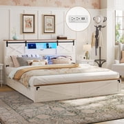 Aunfebrco Farmhouse Bed Frame with 2 Drawers King Size Upholstered Platform Bed with LED Lights & Charging Station & Bookcase Headboard, No Box Spring Needed, White