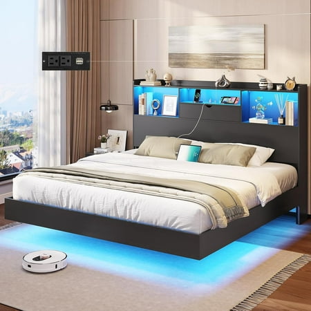 Aunfebrco Floating Bed Frame King Size with Storage Headboard King Metal Platform Bed with LED Lights & Charging Station, No Box Spring Need, Black