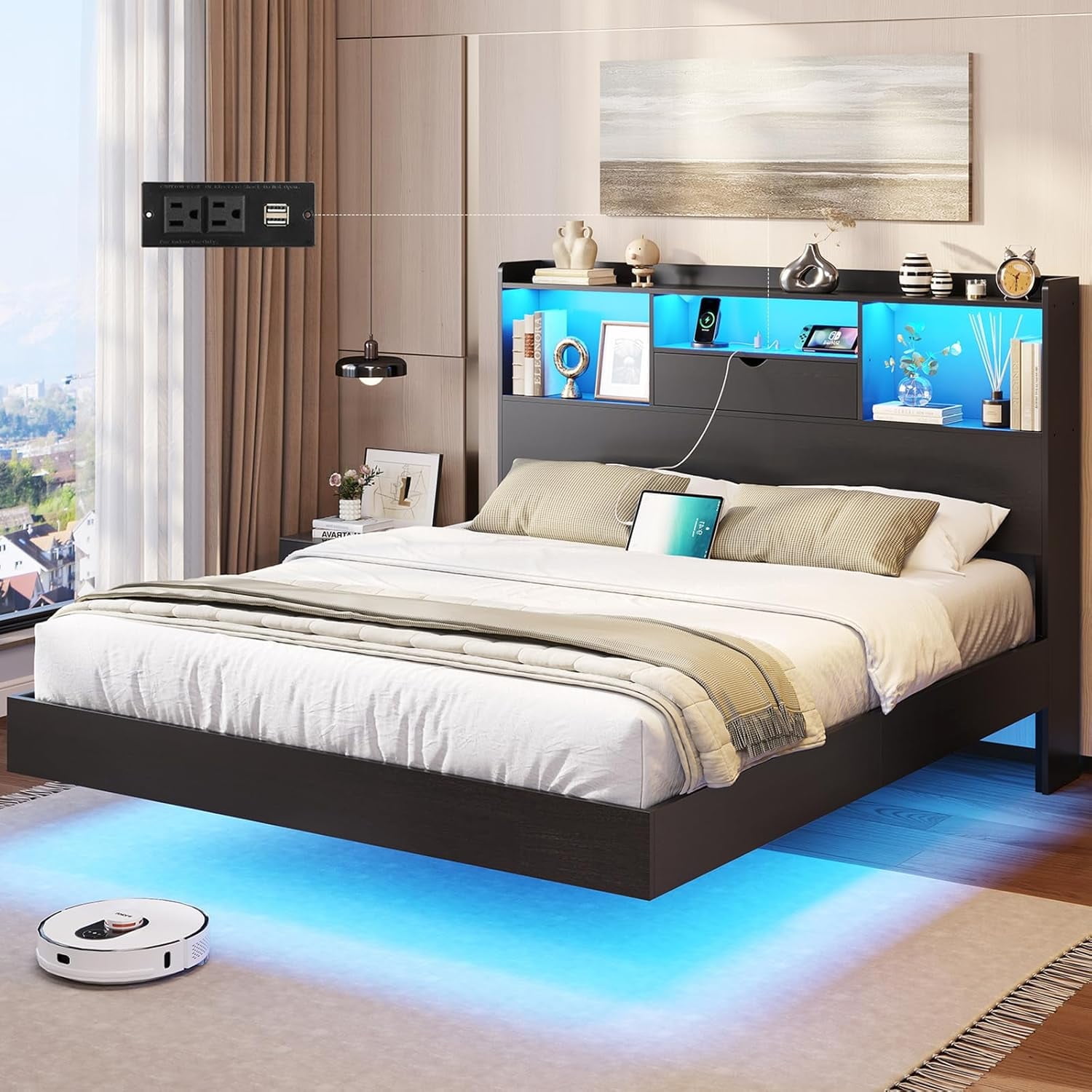 Aunfebrco Floating Bed Frame Queen Size with Storage Headboard Queen Metal Platform Bed with LED Lights & Charging Station, No Box Spring Need, Black
