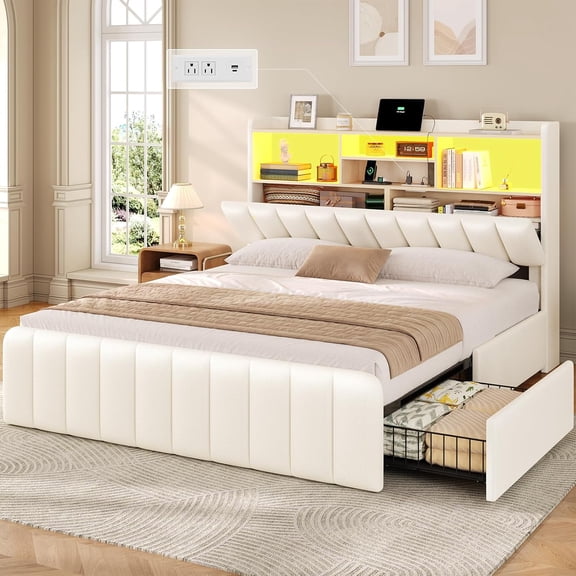 Aunfebrco Full Size Bed with Bookcase Headboard and 4 Oversized Drawers, Upholstered Bed Frame with Storage,Full Platform Bed Frame with LED Lights and Charging Station, Strong Metal Slats,White
