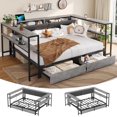 thumbnail image 1 of Aunfebrco Full Size Corner Bed Frame with Charging Station&Storage Shelves, Gray Metal Platform Bed Frame with 2 Drawers, Full Daybeds for Living Room Bedroom, 1 of 10
