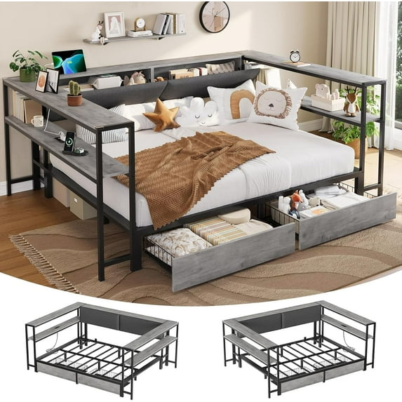 Aunfebrco Full Size Corner Bed Frame with Charging Station&Storage Shelves, Gray Metal Platform Bed Frame with 2 Drawers, Full Daybeds for Living Room Bedroom