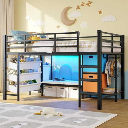 Aunfebrco Metal Loft Bed Twin Size with Stairs & LED Lights & Storage Drawers & Reading Bench, Low Loft Bed with Bookshelf & 2 Movable Storage Bins & Guardrail & Stairs for Bedroom, Black
