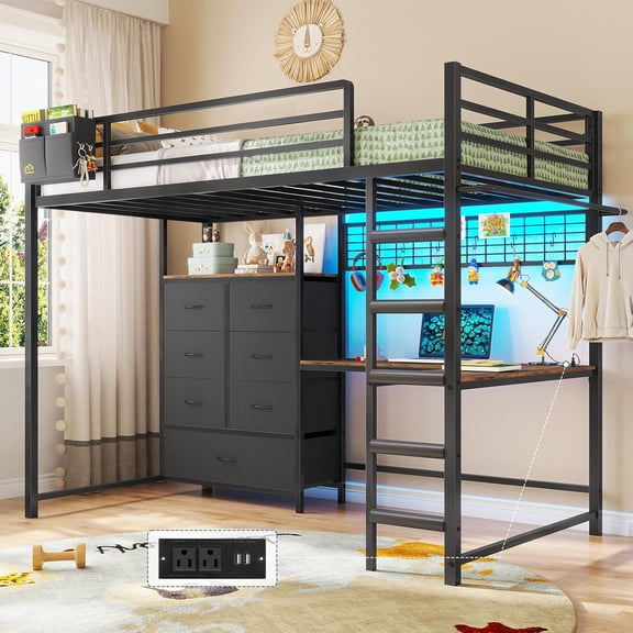 Aunfebrco Loft Bed with Desk and 7 Storage Drawers Twin Size Metal Loft Bed with LED Lights & Charging Station & Decorative Mesh with 6 Hook & Clothes Rail, Black Loft Bed Frame for Bedroom