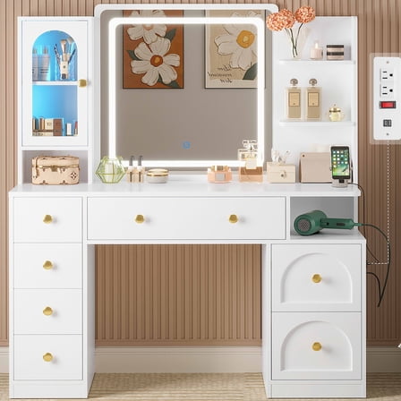 Aunfebrco Makeup Vanity Desk with Lighted Mirror and Drawers, Vanity Desk Table Dressing Table with Charging Station & Lights for Bedroom, White