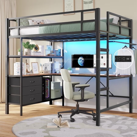 Aunfebrco Metal Loft Bed Full Size with L-Shaped Desk and 3 Fabric Drawers, Full Loft Bed Frame with LED Lights and Charging Station, Safety Guard & Ladder & 3 Storage Shelves, Black