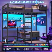 Loft Bed Twin Size with L-Shaped Desk Metal Loft Bed Frame with Charging Station&LED Lights& Storage Shelves, Twin Loft Bed with Drawers&Coat Rack&Full-Length Guardrail for Adults, Black