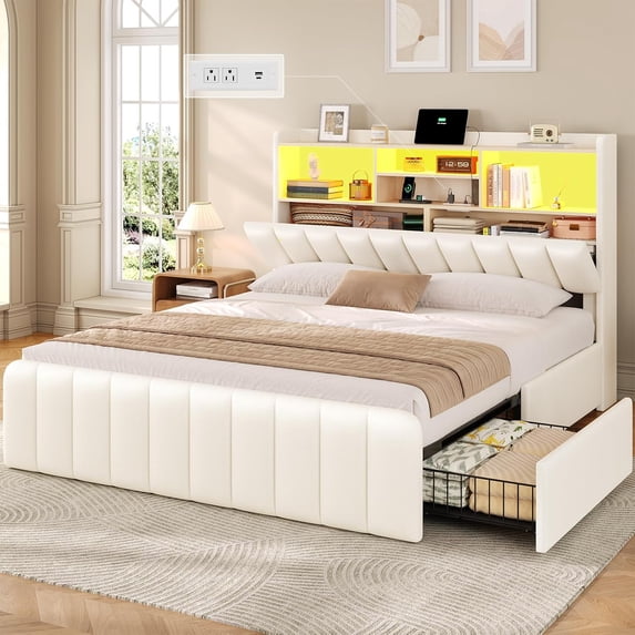 Aunfebrco Queen Size Bed with Bookcase Headboard and 4 Oversized Drawers, Upholstered Bed Frame with Storage,Queen Platform Bed Frame with LED Lights and Charging Station, Strong Metal Slats,White