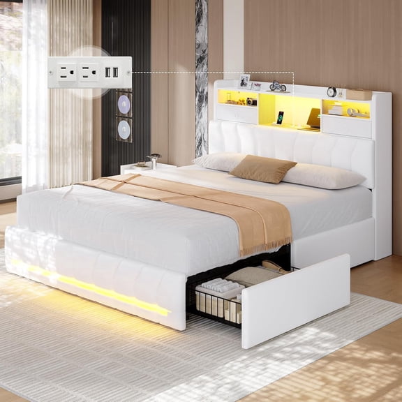 Aunfebrco Queen Size Bed Frame with Storage Headboard and 2 Drawers,Leather Upholstered Platform Bed with Hidden Bookcse Headboard and Charging Station ,Queen Size Gaming Bed with RGB LED Light,White