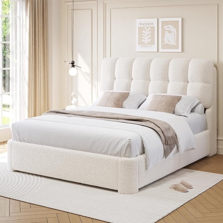 Aunfebrco Queen Size Bed Frame with Button Tufted Headboard, Soft Cloud Upholstered Platform Bed Frame, Wood Slats Support, Cream
