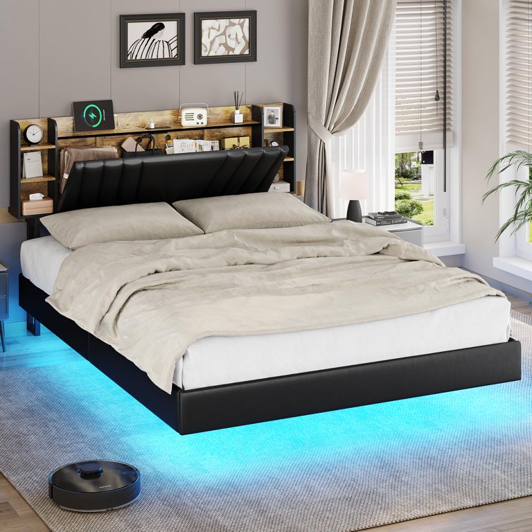 Queen Size Upholstered Bed Frame With Adjustable Headrest, Hidden Storage & LED Lights - PU Leather, No Box Spring Needed