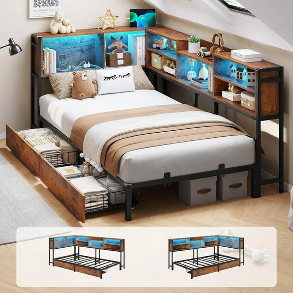 Aunfebrco Twin Size Corner Bed Frame with Charging Station and Led Lights, Metal Daybed Platform Bed Frame with Bookcase Storage & 2 Drawers for Bedroom, Rustic Brown