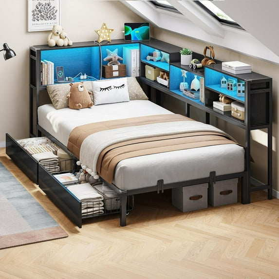 Aunfebrco Twin Size Daybed with Charging Station and Led Lights, Twin Metal Corner Bed Frame with Bookcase Storage & 2 Drawers, Black Platform Bed Frame for Bedroom Living Room