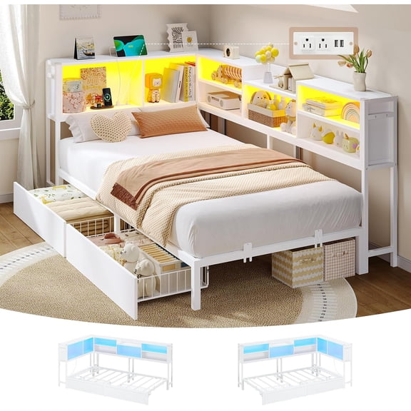 Aunfebrco Twin Size Daybed with Charging Station and Led Lights, Twin Metal Corner Bed Frame with Bookcase Storage & 2 Drawers, White Platform Bed Frame for Bedroom Living Room