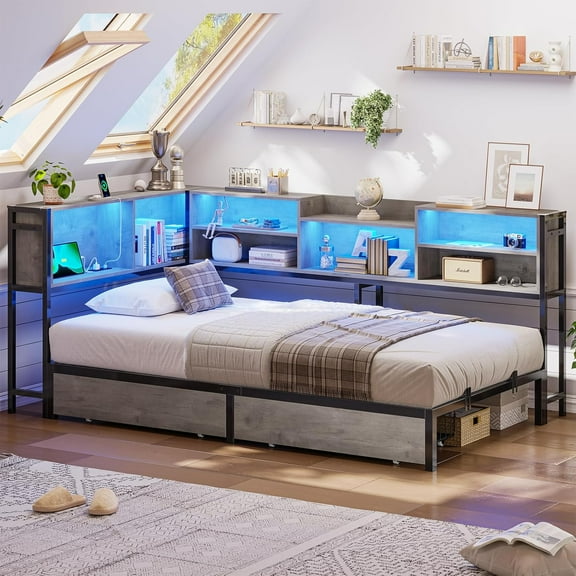 Aunfebrco Twin Size Daybed Metal Corner Bed Frame with Charging Station and Led Lights, Twin Platform Bed Frame with Bookcase Storage & 2 Drawers for Bedroom, Gray