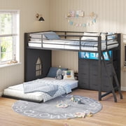 Aunfebrco Twin Over Twin Low Bunk Bed with 9 Storage Drawers and 1-tier Open Shelf,L-Shaped Bunk Bed with LED Light,Metal Twin Floor Bunk with 13.4''H Safety Guardrail and Inclined Ladder,Black