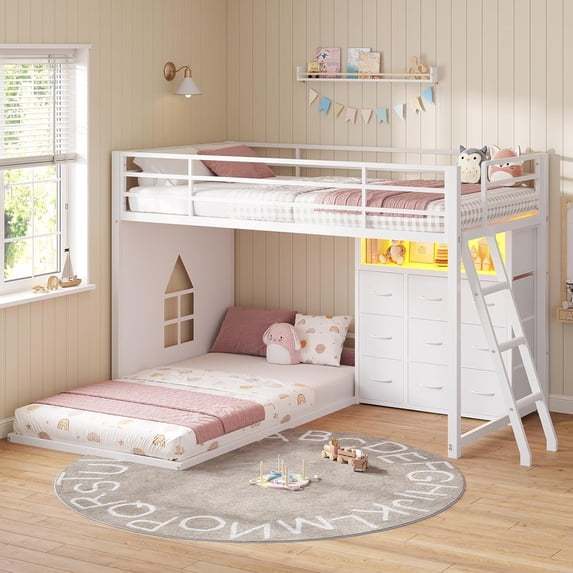 Aunfebrco Twin Over Twin Low Bunk Bed with 9 Storage Drawers and 1-tier Open Shelf,L-Shaped Bunk Bed with LED Light,Metal Twin Floor Bunk with 13.4''H Safety Guardrail and Inclined Ladder,White