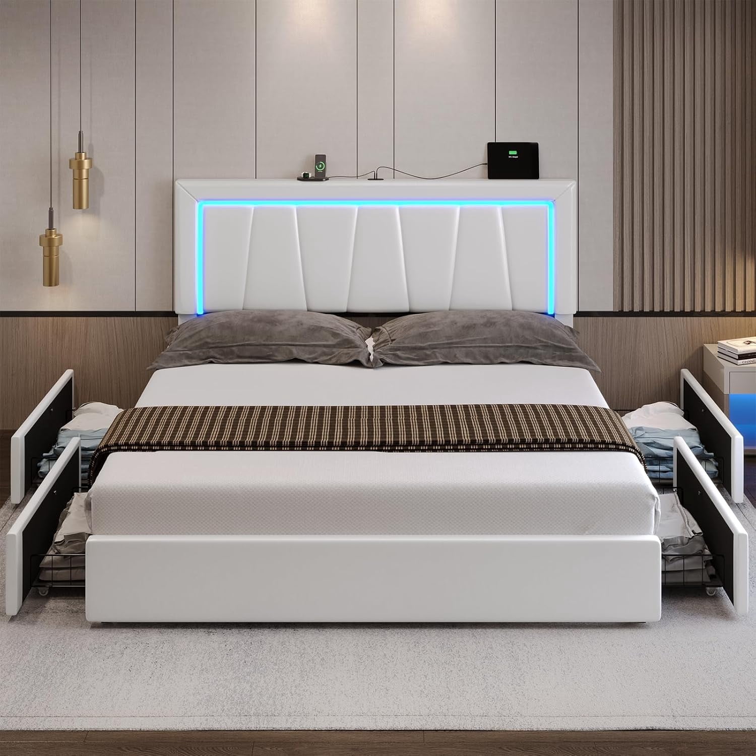 Aunfebrco White Bed Frame with Headboard & 4 Drawers California King Upholstered Platform Storage Bed Frame with USB Ports & LED Lights, Easy Assemble