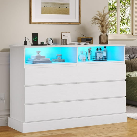 Aunfebrco White Dresser with 6 Drawers for Bedroom Large Chest of Drawers with LED Lights and Charging Station, Modern 6 Drawer Dresser or Storage Cabinets for Living Room