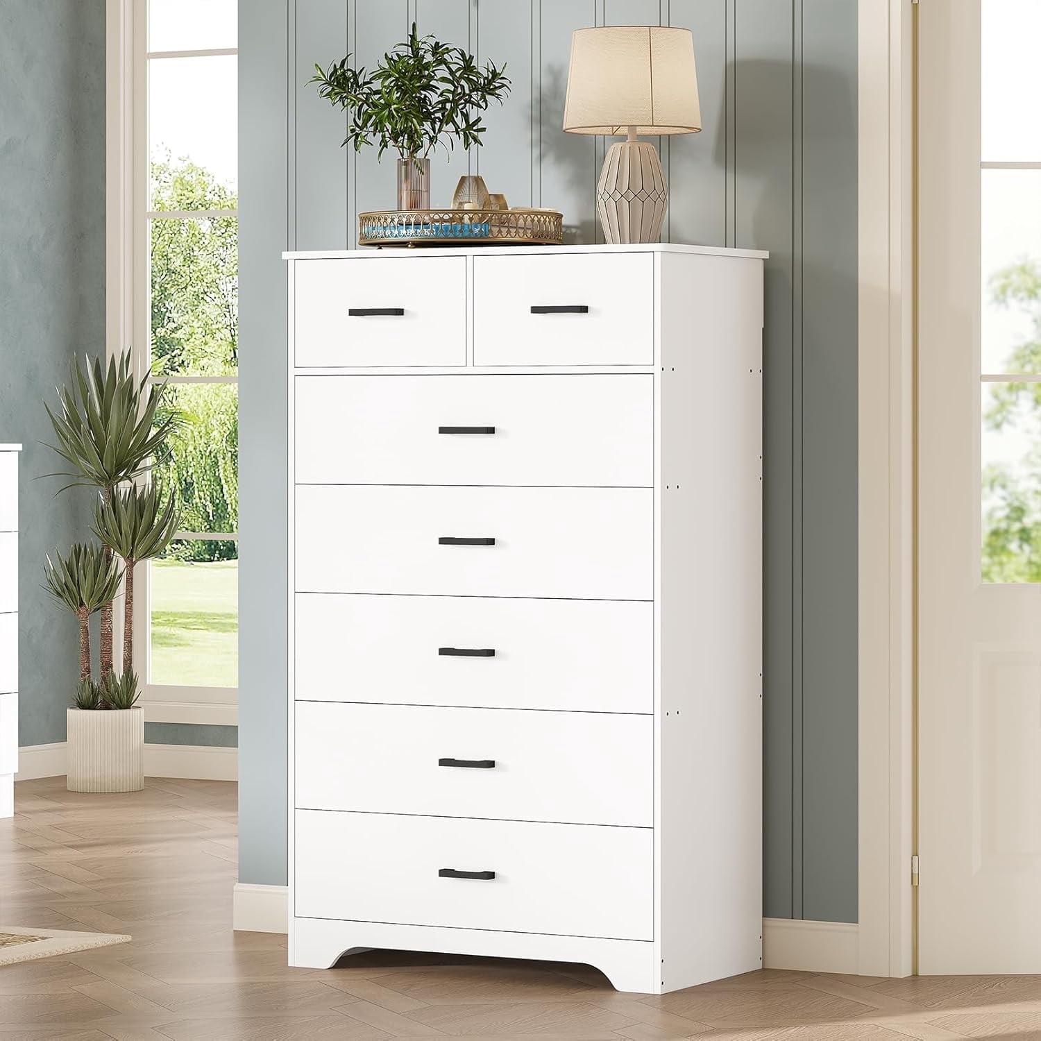 Aunfebrco White Dresser with 7 Drawers for Bedroom Vertical Chest of Drawers with Metal Handle 55.7" Tall Dresser Storage Cabinets for Living Room