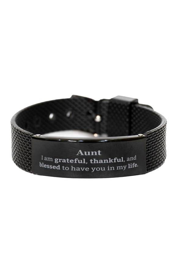 Aunt Appreciation Gifts, I am grateful, thankful, and blessed, Thank You Black Shark Mesh Bracelet for Aunt, Birthday Inspiration Gifts for Aunt