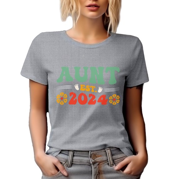 Aunt Est. 2024, Retro Wavy Groovy Text, New Auntie, Heather Grey T-Shirt, Small