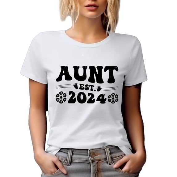 Aunt Est. 2024, Retro Wavy or Groovy Text, New Auntie, White T-Shirt, XL