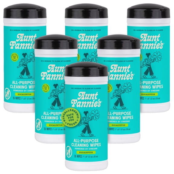 Aunt Fannie's Natural Cleaning Vinegar Wipes, Multipurpose Surface Cleaner, Eucalyptus Scent, 35 Count (Pack of 6)